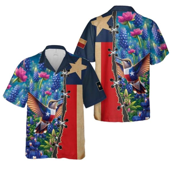 TEXAS Hummingbird and Flag Bluebonnet Flowers Hawaiian Shirt Cheap