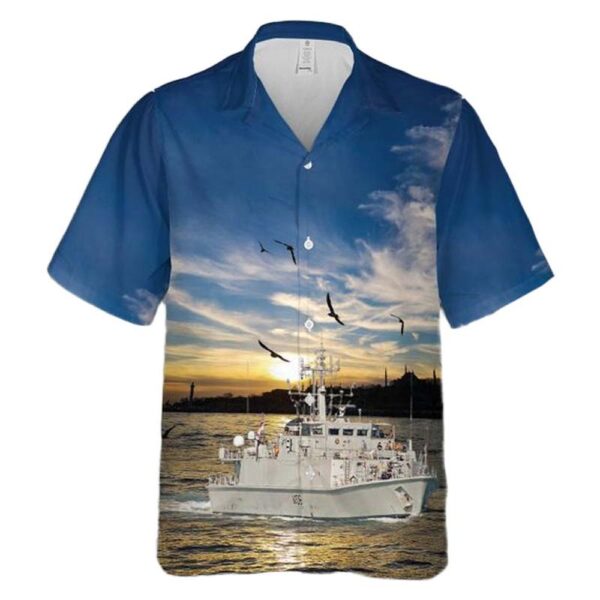 Royal Navy Sandown-class minehunter HMS Penzance (M106) Button Up Hawaiian Shirt Royal Navy Sandown-class minehunter HMS Penzance (M106) Button Up Hawaiian Shirt