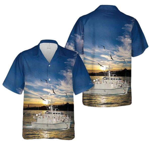 Royal Navy Sandown-class minehunter HMS Penzance (M106) Button Up Hawaiian Shirt Royal Navy Sandown-class minehunter HMS Penzance (M106) Button Up Hawaiian Shirt
