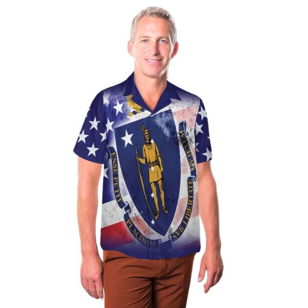 USA and Massachusetts State Flag Button Up Hawaiian Shirt