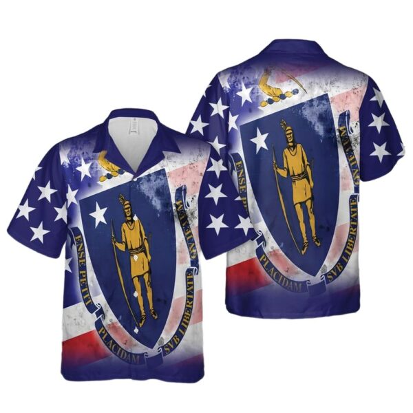 USA and Massachusetts State Flag Button Up Hawaiian Shirt