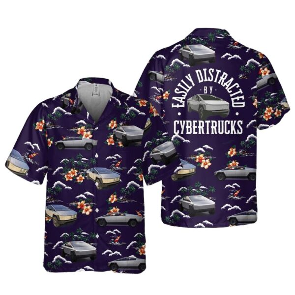 Easily Distracted By Tesla Cybertruck Pocket Button Up Hawaiian Shirt