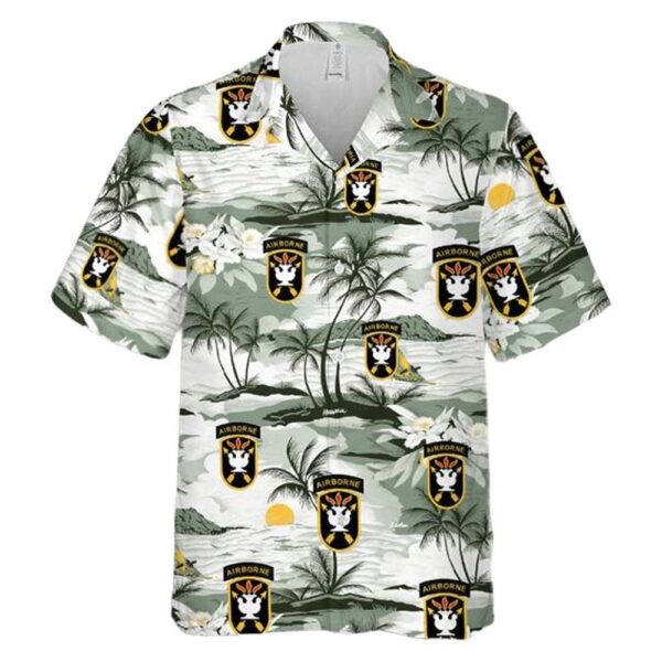 US Army John F Kennedy Special Warfare Center and School Button Up Hawaiian Shirt