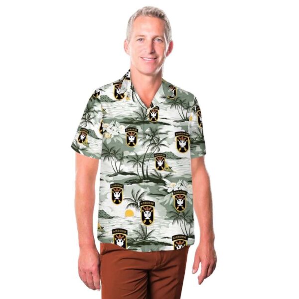 US Army John F Kennedy Special Warfare Center and School Button Up Hawaiian Shirt