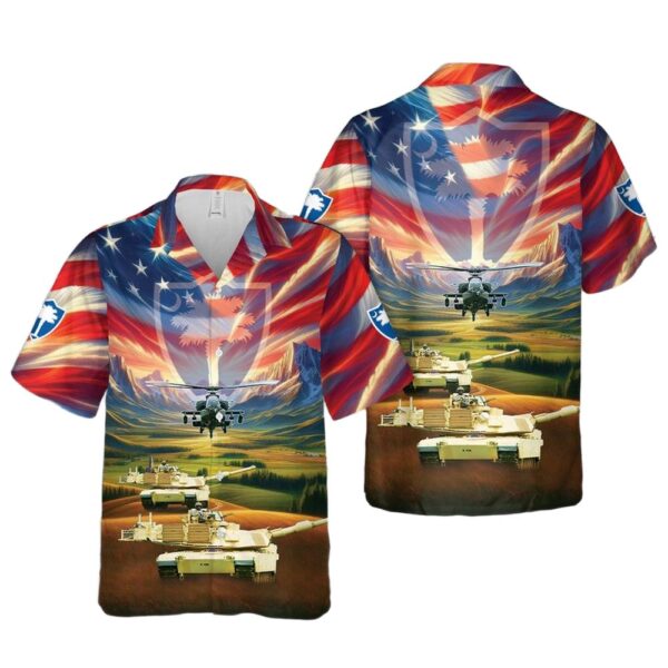 US Army South Carolina Army National Guard M1 Abrams Main Battle Tank and a AH-64 Apache 4th Of July Hawaiian Shirt Cheap
