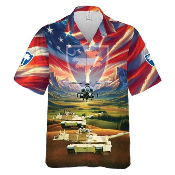 US Army South Carolina Army National Guard M1 Abrams Main Battle Tank and a AH-64 Apache 4th Of July Hawaiian Shirt Cheap