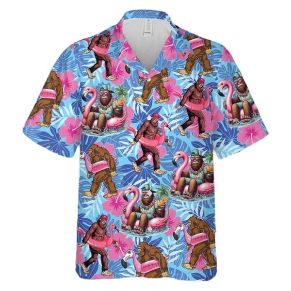 Pool Party Bigfoot Flamingo Pink Float Summer Holiday Beach Hawaiian Shirt Man Pool Party Bigfoot Flamingo Pink Float Summer Holiday Beach Hawaiian Shirt Man