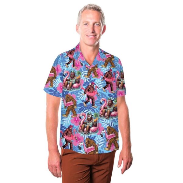 Pool Party Bigfoot Flamingo Pink Float Summer Holiday Beach Hawaiian Shirt Man Pool Party Bigfoot Flamingo Pink Float Summer Holiday Beach Hawaiian Shirt Man
