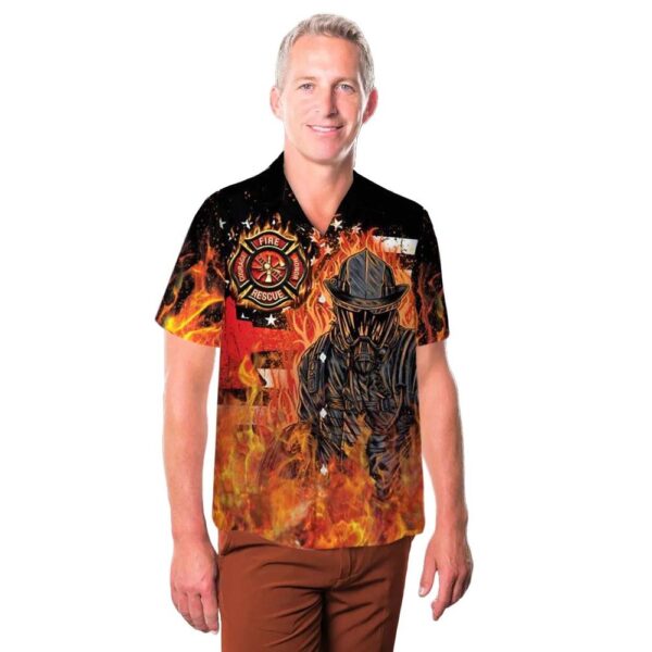 Masked Firefighter Fire Rescue with Burning American Flag Button Up Hawaiian Shirt