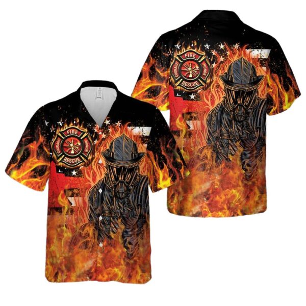 Masked Firefighter Fire Rescue with Burning American Flag Button Up Hawaiian Shirt