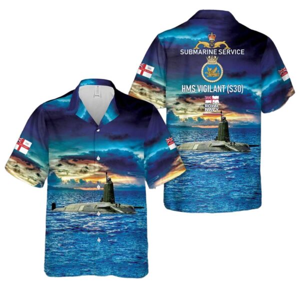 Royal Navy Vanguard class submarine HMS Vigilant (S30) Button Up Hawaiian Shirt Royal Navy Vanguard class submarine HMS Vigilant (S30) Button Up Hawaiian Shirt