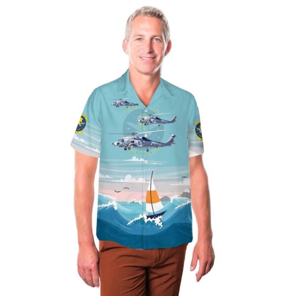 US Navy Sikorsky MH-60R Seahawk Helicopter Maritime Strike Squadron 70 (HSM-70) Spartans Button Up Hawaiian Shirt