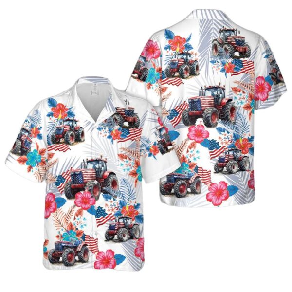 American Flag Farm Tractors for 4th Of July Button Up Hawaiian Shirt