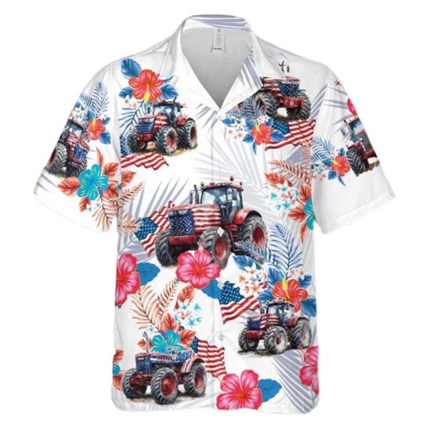 American Flag Farm Tractors for 4th Of July Button Up Hawaiian Shirt