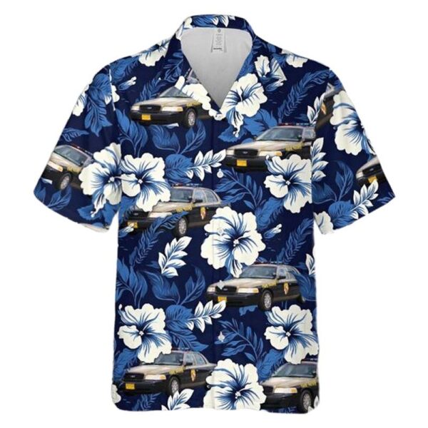 Maryland State Police Car Blue Hibiscus Button Up Hawaiian Shirt