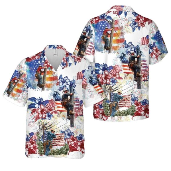 American Lineman Power 4th Of July Button Up Hawaiian Shirt American Lineman Power 4th Of July Button Up Hawaiian Shirt