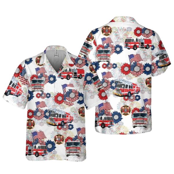 Firefighter Fire Trucks 4th Of July Pocket Button Up Hawaiian Shirt Firefighter Fire Trucks 4th Of July Pocket Button Up Hawaiian Shirt