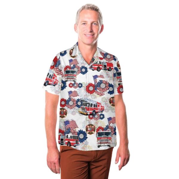 Firefighter Fire Trucks 4th Of July Pocket Button Up Hawaiian Shirt Firefighter Fire Trucks 4th Of July Pocket Button Up Hawaiian Shirt