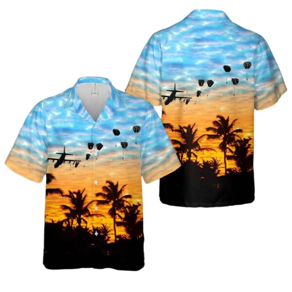 US Air Force C-130 Hercules drops US and International Forces paratroopers in Normandy on 70th anniversary of D-Day Hawaiian Shirt Man US Air Force C-130 Hercules drops US and International Forces paratroopers in Normandy on 70th anniversary of D-Day Hawaiian Shirt Man