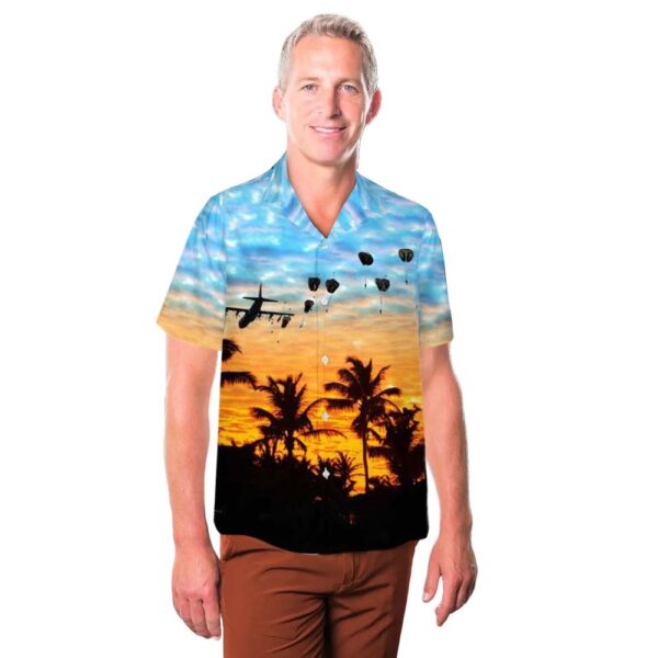 US Air Force C-130 Hercules drops US and International Forces paratroopers in Normandy on 70th anniversary of D-Day Hawaiian Shirt Man US Air Force C-130 Hercules drops US and International Forces paratroopers in Normandy on 70th anniversary of D-Day Hawaiian Shirt Man