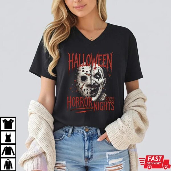 Halloween Horror Nights 2025 T-Shirt – Jason Voorhees vs Art the Clown Horror Tee