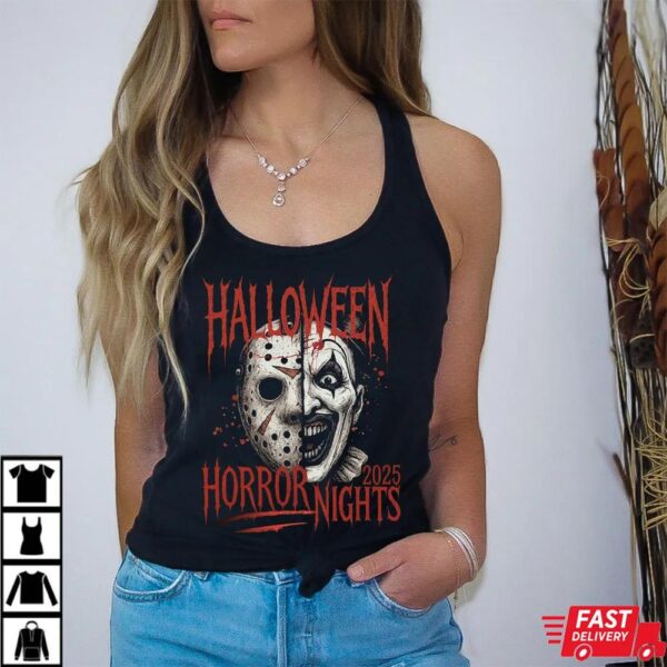 Halloween Horror Nights 2025 T-Shirt – Jason Voorhees vs Art the Clown Horror Tee