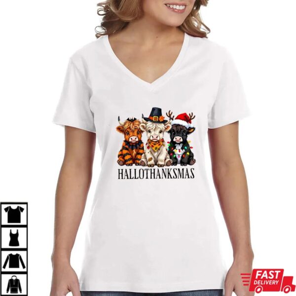 Hallothanksmas Cow Shirt – Cute Highland Cow Halloween Thanksgiving Christmas Tee