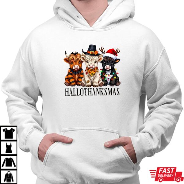 Hallothanksmas Cow Shirt – Cute Highland Cow Halloween Thanksgiving Christmas Tee