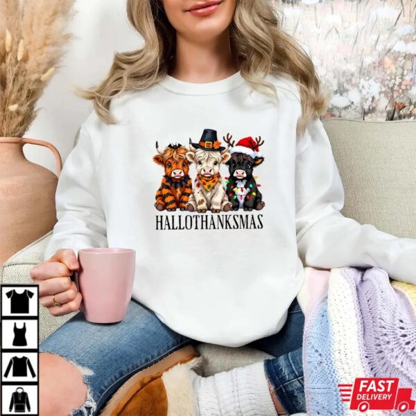 Hallothanksmas Cow Shirt – Cute Highland Cow Halloween Thanksgiving Christmas Tee