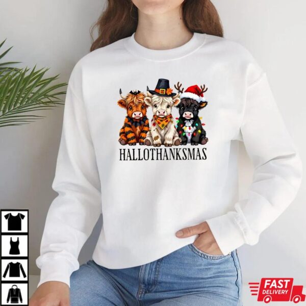 Hallothanksmas Cow Shirt – Cute Highland Cow Halloween Thanksgiving Christmas Tee