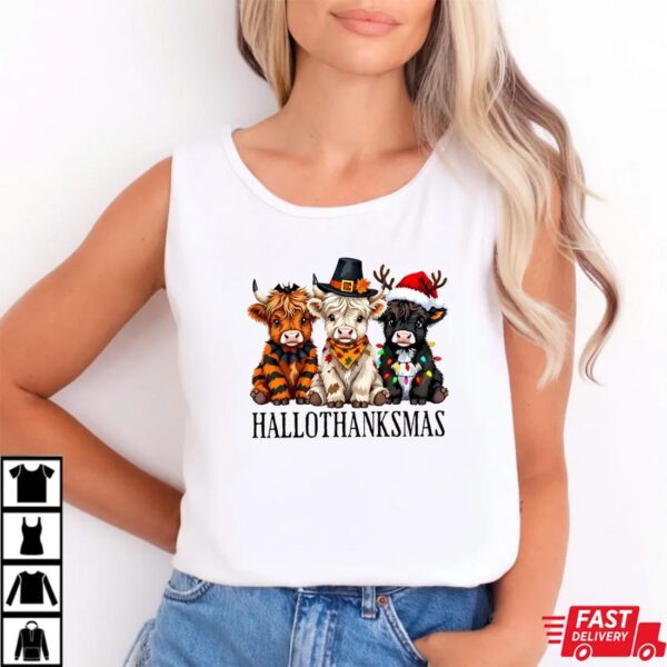 Hallothanksmas Cow Shirt – Cute Highland Cow Halloween Thanksgiving Christmas Tee