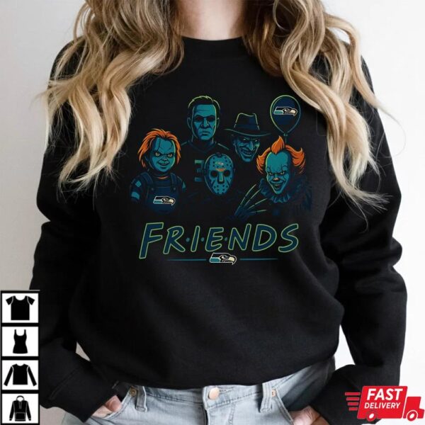 Horror Movie Friends Seattle Seahawks Halloween T-Shirt – Chucky, Jason, Freddy, Michael Myers & Pennywise Tee Horror Movie Friends Seattle Seahawks Halloween T-Shirt – Chucky, Jason, Freddy, Michael Myers & Pennywise Tee