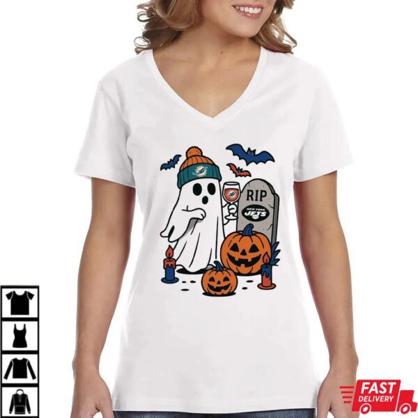 Miami Dolphins vs New York Jets Halloween Ghost RIP T-Shirt Miami Dolphins vs New York Jets Halloween Ghost RIP T-Shirt