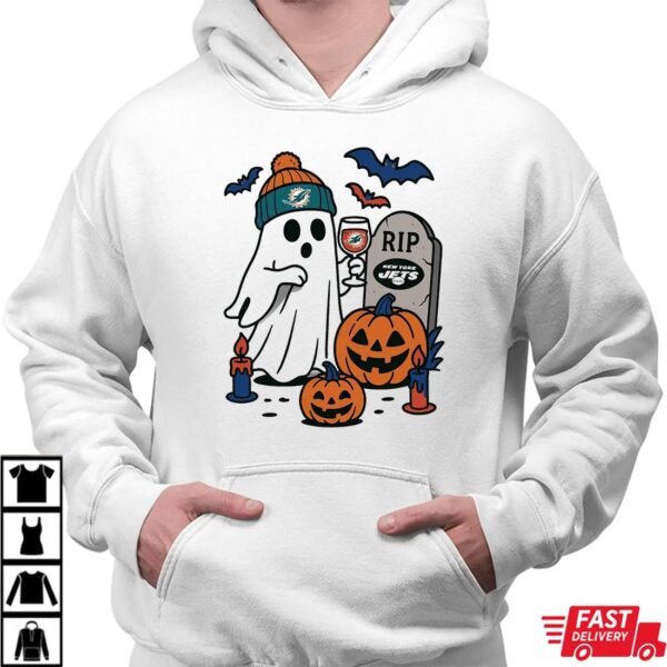 Miami Dolphins vs New York Jets Halloween Ghost RIP T-Shirt Miami Dolphins vs New York Jets Halloween Ghost RIP T-Shirt