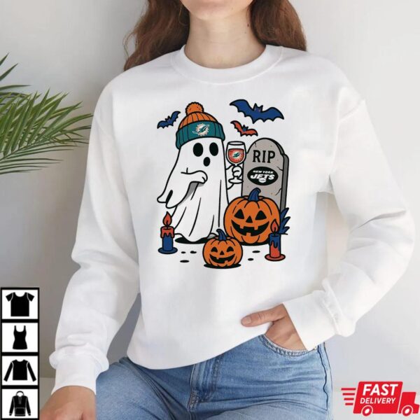 Miami Dolphins vs New York Jets Halloween Ghost RIP T-Shirt Miami Dolphins vs New York Jets Halloween Ghost RIP T-Shirt