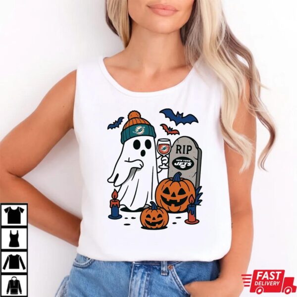 Miami Dolphins vs New York Jets Halloween Ghost RIP T-Shirt Miami Dolphins vs New York Jets Halloween Ghost RIP T-Shirt