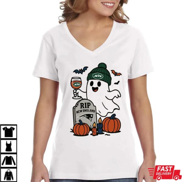 New York Jets vs New England Patriots Halloween Ghost RIP T-Shirt New York Jets vs New England Patriots Halloween Ghost RIP T-Shirt