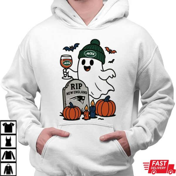 New York Jets vs New England Patriots Halloween Ghost RIP T-Shirt New York Jets vs New England Patriots Halloween Ghost RIP T-Shirt