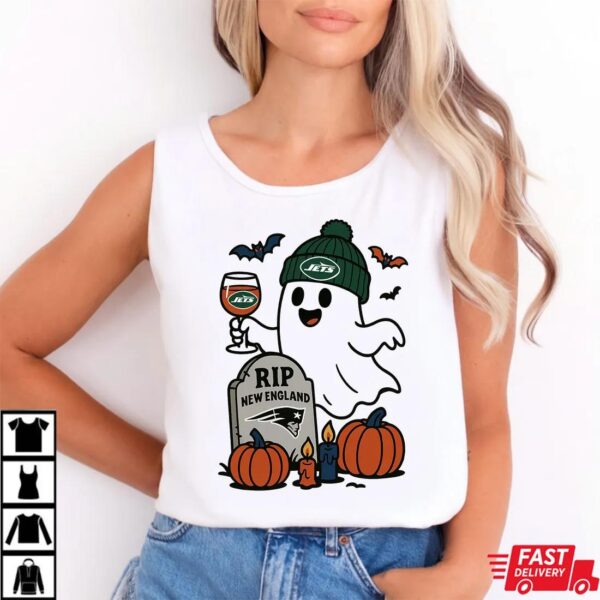 New York Jets vs New England Patriots Halloween Ghost RIP T-Shirt New York Jets vs New England Patriots Halloween Ghost RIP T-Shirt