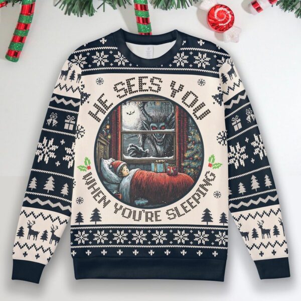 He Sees You When You’re Sleeping Krampus Gothic Ugly Christmas Sweater He Sees You When You’re Sleeping Krampus Gothic Ugly Christmas Sweater