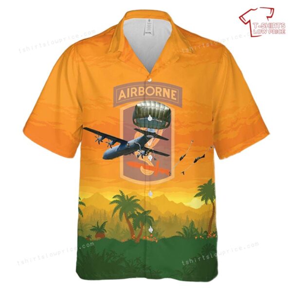 US Army 173rd Airborne Brigade jump from an 86th Air Wing C-130 Hercules aircraft onto Juliet Drop Zone Hawaiian Shirt US Army 173rd Airborne Brigade jump from an 86th Air Wing C-130 Hercules aircraft onto Juliet Drop Zone Hawaiian Shirt