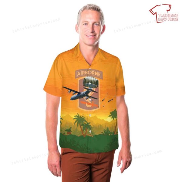 US Army 173rd Airborne Brigade jump from an 86th Air Wing C-130 Hercules aircraft onto Juliet Drop Zone Hawaiian Shirt US Army 173rd Airborne Brigade jump from an 86th Air Wing C-130 Hercules aircraft onto Juliet Drop Zone Hawaiian Shirt