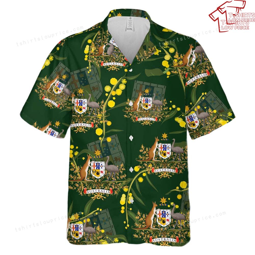 Australia Golden Wattle And Coat of Arms Hawaiian Shirt 2 Australia Golden Wattle And Coat of Arms Hawaiian Shirt 2