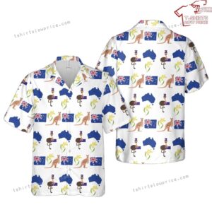Happy Australia Day Emu Kangaroo Map and Flag Golden Wattle Flowers Hawaiian Shirt