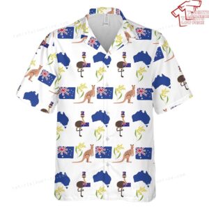 Happy Australia Day Emu Kangaroo Map and Flag Golden Wattle Flowers Hawaiian Shirt