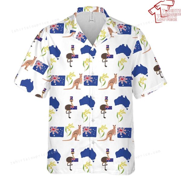Happy Australia Day Emu Kangaroo Map and Flag Golden Wattle Flowers Hawaiian Shirt Happy Australia Day Emu Kangaroo Map and Flag Golden Wattle Flowers Hawaiian Shirt