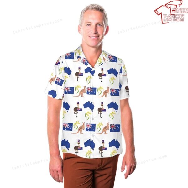 Happy Australia Day Emu Kangaroo Map and Flag Golden Wattle Flowers Hawaiian Shirt Happy Australia Day Emu Kangaroo Map and Flag Golden Wattle Flowers Hawaiian Shirt
