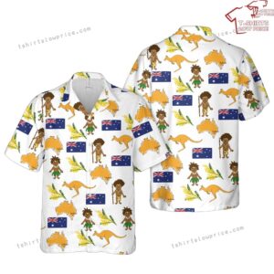 Happy Australia Day Kangaroo Map and Flag Golden Wattle Flowers Hawaiian Shirt