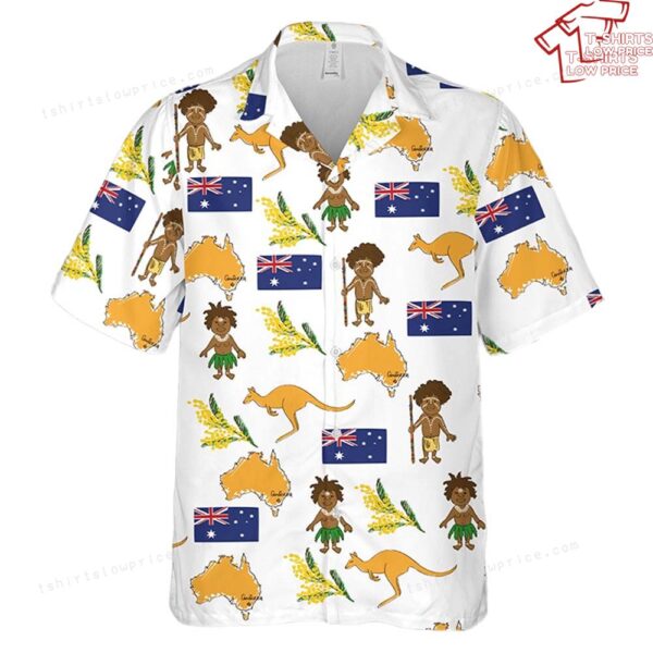 Happy Australia Day Kangaroo Map and Flag Golden Wattle Flowers Hawaiian Shirt Happy Australia Day Kangaroo Map and Flag Golden Wattle Flowers Hawaiian Shirt