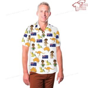 Happy Australia Day Kangaroo Map and Flag Golden Wattle Flowers Hawaiian Shirt 3